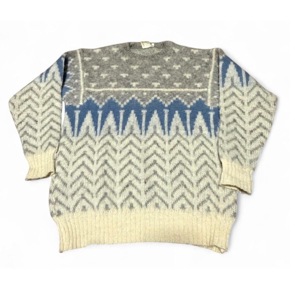 Vintage Alafoss Iceland Wool‎ Sweater M Gray Blue Nordic Fair Isle Pullover